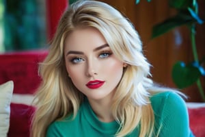 ((((15y)))), teenager, (((fifteen years old))), young, one girl, makeup, sensual, short clothes, perfect skin, red lipstick, green eyes, very long hair, (blonde), very blue eyes 