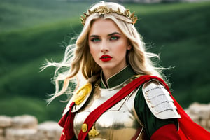 (roman girl soldier), makeup, perfect skin, red lipstick, green eyes, very long hair, (blonde),roman clothes, war