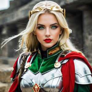 (roman girl soldier in future), makeup, perfect skin, red lipstick, green eyes, very long hair, (blonde),roman clothes
