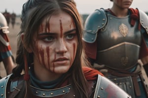 roman legionnaire, detailed armor, blood, battlefield, cinematic scene, cinema filter, 16 year old female legionnaire, makeup, long hair