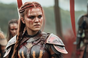 valkyrie warrior, detailed leather armor, blood, battlefield, cinematic scene, cinema filter, (16 year) old woman valkyria, makeup, long braided hair, (16y), multiple valkyries