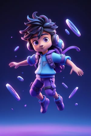 boy in the air flying, technology, objects in the air, 3d, animated, perfect body, perfect hands, colors blue, black, purple