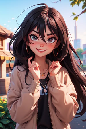 pixel,1girl, bangs, black hair, blurry, sweatshirt, blurry background, mysterious, nose ring, bokeh, black eyes, black hair, closed mouth, daytime, depth of field, hair between eyes, squinting, head tilt , lips, long hair, long sleeves, looking at viewer, necklace, nose, outdoors, shirt, smile, soil, thick, eyebrows, ((masterpiece)) (high quality) (Pixel art)