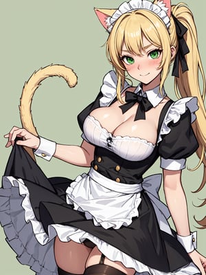 Soft background, a maid, cat ears, cat tail, big breasts, maid outfit, showing cleavage, fully clothed, cute face, blushing, blonde hair, ponytail, black tail, black ears, posing, upskirt, green eyes