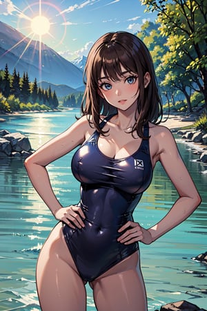 1girl,blue high-leg swimsuits,backwards, swimming goggles, mountain stream, cowboy shot, Dark Brown-skinned,The Bright Sun, put hands on the hip,reflection light, Impressionism, 8k, highres, masterpiece,milfication