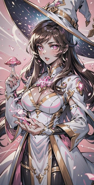 masterpiece, best quality, illustration, full body facing viewer, a beautiful witch casting a spell with planets around her, ornate white pink and gold wizard clothes, white and pink wizard hat with pink jewels, elegant, detailed celestial environment, luminous mushrooms,  (dynamic lighting:1.2), cinematic lighting, delicate elegant facial features, detailed eyes, pink eyes, long brunette hair, realistic pupils, depth of field, sharp focus, (hyper-detailed, bloom, glow:1.4), brown hair, full lips, bright pink eyes, mystical atmosphere, kind face, sexy,Science Fiction