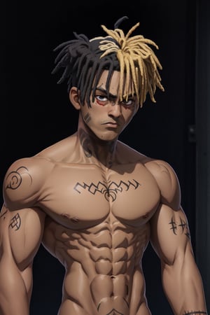 1man, dark skin, half black and half blond short dreadlocks, tattoos on his face, upper body, shirtless, body marked muscles, serious and depressed face