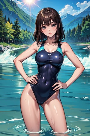 1girl,blue high-leg swimsuits,backwards, swimming goggles, mountain stream, cowboy shot, Dark Brown-skinned,The Bright Sun, put hands on the hip,reflection light, Impressionism, 8k, highres, masterpiece,milfication