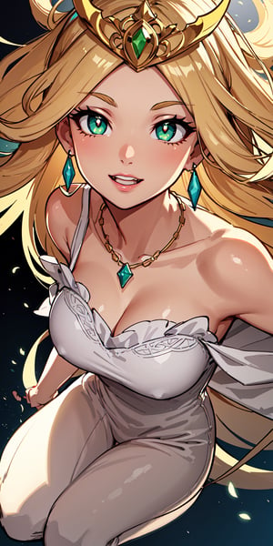 masterpiece, best quality, illustration, full body image, ornate and elaborate dress, platinum earrings, tiara, platinum necklace, white dress, 1girl, cute, cheerful face, (dynamic lighting:1.2), cinematic lighting, delicate facial features, detailed eyes, green eyes, long blonde hair, sharp pupils, realistic pupils, depth of field, bokeh, sharp focus, (hyper-detailed, bloom, glow:1.4), blonde hair, full lips, bright green eyes