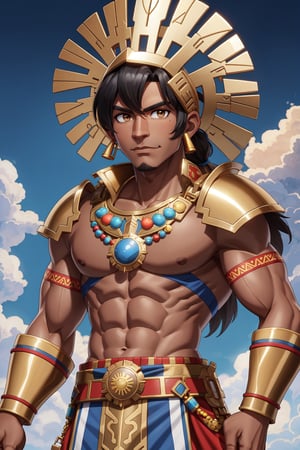 1man, inca, inca indian, peruvian, gold armor, sun shield, tanned skin