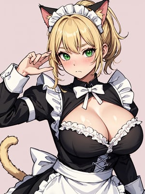 Soft background, a maid, cat ears, cat tail, big breasts, maid outfit, showing cleavage, fully clothed, cute face, blushing, blonde hair, ponytail, black tail, black ears, posing, upskirt, green eyes