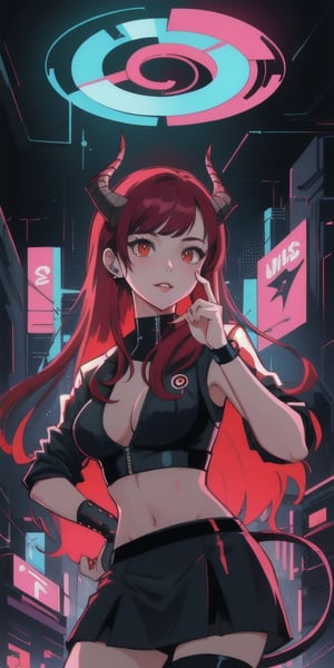 good anatomy, girl, teen, woman, red hair, very red hair, long hair, lips, boobs, medium boobs, human ears, horns, large horns, goat horns, symmetrical horns, spiral horns, two horns, gray horns, symmetrical horns, circular horns, horns down direction, demon girl, solo, front, cute, sexy, demon tail, one tail, skirt, cyberpunk art style, cyberpunk themed art, has cyberpunk style, modern cyberpunk, in cyberpunk style, cyberpunk vibes, beeple and jeremiah ketner, cyberpunk art, cyberpunk style, anime cyberpunk art, cyberpunk anime art, cyberpunk illustration, fantasy cyberpunk, cyberpunk artstyle