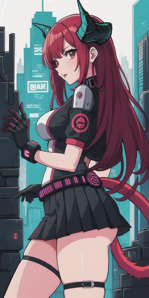 medium shot, medium close up, anime, anime girl, girl, teen, woman, red hair, very red hair, long hair, lips, boobs, medium boobs, human ears, horns, large horns, goat horns, symmetrical horns, spiral horns, two horns, gray horns, symmetrical horns, circular horns, horns down direction, demon girl, solo, front, cute, sexy, demon tail, one tail, skirt, mini skirt, Pleated skirt, cyberpunk skirt, cyberpunk art style, cyberpunk themed art, has cyberpunk style, modern cyberpunk, cyberpunk style, cyberpunk vibes, cyberpunk art, cyberpunk style, anime cyberpunk art, cyberpunk anime art, cyberpunk illustration, fantasy cyberpunk, cyberpunk artstyle, mecha,  cyberpunk city in the background,  neon light, cyberpunk clothing, mecha