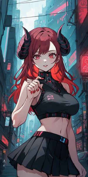 hidden hands pose, hidden hands, medium shot, medium close up, anime, anime girl, girl, teen, woman, red hair, very red hair, long hair, thick lips, [red lipstick] boobs, medium boobs, human ears, horns, large horns, goat horns, symmetrical horns, spiral horns, two horns, gray horns, symmetrical horns, circular horns, horns down direction, toned body, demon girl, solo, front, cute, sexy, skirt, mini skirt, Pleated skirt, cyberpunk skirt, cyberpunk art style, cyberpunk themed art, has cyberpunk style, modern cyberpunk, cyberpunk style, cyberpunk vibes, cyberpunk art, cyberpunk style, anime cyberpunk art, cyberpunk anime art, cyberpunk illustration, fantasy cyberpunk, cyberpunk artstyle, mecha,  cyberpunk city in the background,  neon light, cyberpunk clothing, mecha