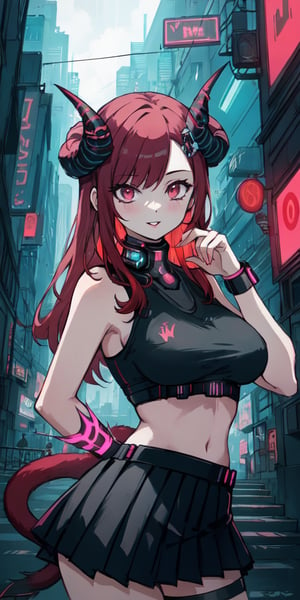 hidden hands pose, hidden hands, medium shot, medium close up, anime, anime girl, girl, teen, woman, red hair, very red hair, long hair, thick lips, [black lipstick] boobs, medium boobs, human ears, horns, large horns, goat horns, symmetrical horns, spiral horns, two horns, gray horns, symmetrical horns, circular horns, horns down direction, toned body, demon girl, solo, front, cute, sexy, demon tail, one tail, skirt, mini skirt, Pleated skirt, cyberpunk skirt, cyberpunk art style, cyberpunk themed art, has cyberpunk style, modern cyberpunk, cyberpunk style, cyberpunk vibes, cyberpunk art, cyberpunk style, anime cyberpunk art, cyberpunk anime art, cyberpunk illustration, fantasy cyberpunk, cyberpunk artstyle, mecha,  cyberpunk city in the background,  neon light, cyberpunk clothing, mecha