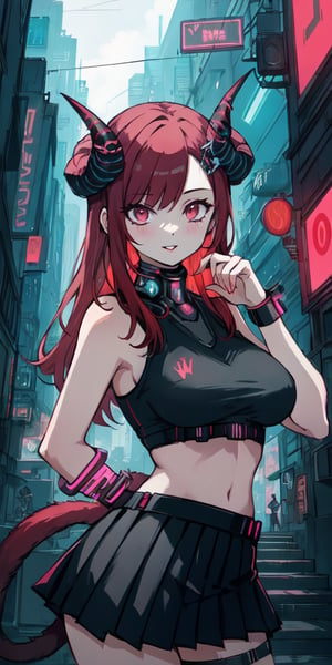 hidden hands pose, hidden hands, medium shot, medium close up, anime, anime girl, girl, teen, woman, red hair, very red hair, long hair, thick lips, [black lipstick] boobs, medium boobs, human ears, horns, large horns, goat horns, symmetrical horns, spiral horns, two horns, gray horns, symmetrical horns, circular horns, horns down direction, toned body, demon girl, solo, front, cute, sexy, demon tail, one tail, skirt, mini skirt, Pleated skirt, cyberpunk skirt, cyberpunk art style, cyberpunk themed art, has cyberpunk style, modern cyberpunk, cyberpunk style, cyberpunk vibes, cyberpunk art, cyberpunk style, anime cyberpunk art, cyberpunk anime art, cyberpunk illustration, fantasy cyberpunk, cyberpunk artstyle, mecha,  cyberpunk city in the background,  neon light, cyberpunk clothing, mecha