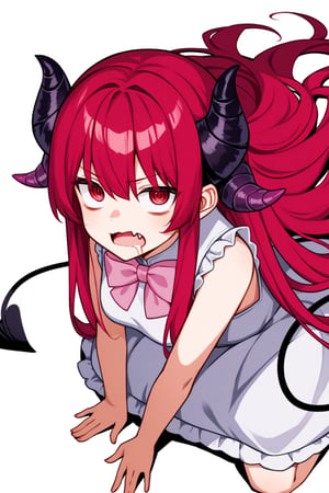 1girl, solo, human ears, big horns, demon tail, red eyes, long hair, red hair, white dress, lace_trim, medium chest, human ear, sleeveless, neutral pose, :d, fang, pink bow, pink polka dot and white background, simple background, rias gremory, Goat horns forward, circular ears, only two horns, black horns, BOCCHIANXIETY, OPEN MOUTH, WAVY MOUTH, MOUTH DROOL, ROLLING EYES, ON FLOOR, lay down