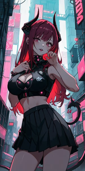 hidden hands pose, hidden hands, medium shot, medium close up, anime, anime girl, girl, teen, woman, red hair, very red hair, long hair, thick lips, black lipstick, boobs, medium boobs, human ears, horns, large horns, goat horns, symmetrical horns, spiral horns, two horns, gray horns, symmetrical horns, circular horns, horns down direction, toned body, demon girl, solo, front, cute, sexy, demon tail, one tail, skirt, mini skirt, Pleated skirt, cyberpunk skirt, cyberpunk art style, cyberpunk themed art, has cyberpunk style, modern cyberpunk, cyberpunk style, cyberpunk vibes, cyberpunk art, cyberpunk style, anime cyberpunk art, cyberpunk anime art, cyberpunk illustration, fantasy cyberpunk, cyberpunk artstyle, mecha,  cyberpunk city in the background,  neon light, cyberpunk clothing, mecha