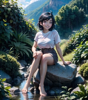 ((Masterpiece in 8K resolution, realistic style with anime touches, effect of light reflected on wet surfaces.)) | A beautiful 33-year-old woman with ((huge-breasts)) wears a tight white T-shirt and a red accordion skirt, revealing her bare feet and black climbing gloves. Her her ((short blue hair is arranged in a mohawk)), and her ((red eyes)) shine brightly as ((smiles at the viewer, showing her teeth)). She bravely holds onto damp rocks, climbing a steep mountain during a night of torrential rain. | The scene features towering rock structures and a panoramic view of a forest in the distance. The lighting is composed of cold, shadowy lights, highlighting the contrast between wet surfaces and dry elements. | Composition at an inclined angle, emphasizing the climbing prowess and the beauty of the natural scenery. | Volumetric lighting effects and reflections in rainwater, creating a unique and immersive atmosphere. | A brave woman climbs a steep mountain during a rainy night, smiling at the viewer with confidence. | (((She takes a sensual-pose as she interacts, boldly leaning on a structure, leaning back in an exciting way.))), (((((full-body portrait))))), ((perfect_pose, perfect_anatomy, perfect_body)), ((perfect_fingers, perfect_hands, better_hands)), ((perfect_composition, perfect_design, perfect_layout, perfect_detail), (ultra_detailed, More Detail, Enhance)), ,better_hands