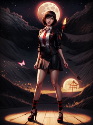 ((full body, standing):1.5), {((1 woman))}, {((wearing school suit with red skewer with tie, short black skirt, white stockings)), ((extremely large breasts)), ((very short black hair, blue eyes)) looking at the viewer, smiling, very happy, ((exhibitionist pose leaning back)), ((in an ancient Japanese ghost town, ghosts shadowing it, ghosts flying, night, just a full moon in the sky))}, (Fatal Frame Crimson Butterfly), 16k, best quality, best resolution, best sharpness, ultra detailed,