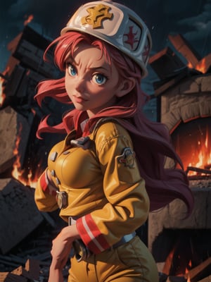 ((whole body):1.5) ((1woman):1.2): only she is wearing ((yellow firefighter suit with white stripes, extremely tight on her body, firefighter helmet on her head):1.2), only she has extremely breasts big, only she has short pink hair and blue eyes, only she is doing sexual poses, she is in front of a ((fire truck):1.3) which is in front of a burning building, it's ((raining hard) :1.2), it's night, strong smoke. 16k, high quality, high details, UHD, masterpiece,perfecteyes,veryangry,anime