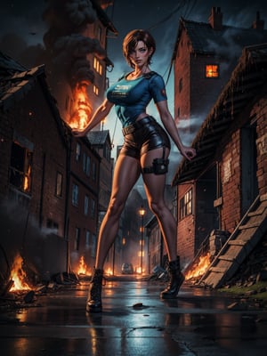 {((1 woman))}, only she is {((wearing a short blue t-shirt and extremely tight brown leather shorts, short and tight on the body)), only elá has ((giant breasts)), (((very slick brown short hair, blue eyes)), staring at the viewer, smiling, ((pose, macabre city, night, fog, multiple zombies, destroyed cars, houses on fire))}, ((full body):1.5), ((Resident Evil)), 16k, best quality, best resolution, best sharpness,