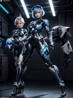 A woman, wearing black mecha suit with blue metal parts + blue robotic armor, suit with light coupling, extremely tight and tight suit, (luminous helmet, cybernetic on the head), monstrously giant breasts, blue hair, short hair, hair with bangs in front of the eyes, looking at the viewer, (((erotic pose interacting and leaning [on something|on an object|on something]))), in a spaceship with many computers, machines, windows, robots, luminous pipes, ((full body):1.5), 16k, UHD, best possible quality, ultra detailed, best possible resolution, Unreal Engine 5, professional photography, well-detailed fingers, well-detailed hand, perfect_hands, ((mecha style + futuristic style))