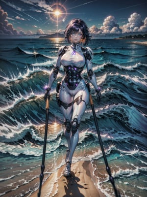 {((1cyborg woman))}, only she is {((bionic body parts, wearing extremely short and tight transparent ceda white swimsuit on the body)), only elá has ((giant breasts)), (((very slick purple short hair, blue eyes)), staring at the viewer, smiling, ((pose, at a food kiosk in front of the beach, strong sun, sand, multiple people walking on the beach,  sea, waves))}, ((whole body):1.5), 16k, best quality, best resolution, best sharpness,