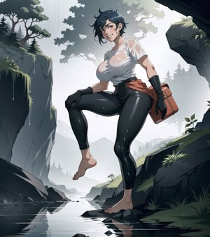 ((Masterpiece in 8K resolution, realistic style with anime touches, effect of light reflected on wet surfaces.)) | A beautiful 33-year-old woman with gigantic breast wears a tight white T-shirt and a red accordion skirt, revealing her bare feet and black climbing gloves. Her (her (short blue hair is arranged in a mohawk)), and her ((red eyes)) shine brightly as ((smiles at the viewer, showing her teeth)). She bravely holds onto damp rocks, climbing a steep mountain during a night of torrential rain. | The scene features towering rock structures and a panoramic view of a forest in the distance. The lighting is composed of cold, shadowy lights, highlighting the contrast between wet surfaces and dry elements. | Composition at an inclined angle, emphasizing the climbing prowess and the beauty of the natural scenery. | Volumetric lighting effects and reflections in rainwater, creating a unique and immersive atmosphere. | A brave woman climbs a steep mountain during a rainy night, smiling at the viewer with confidence. | The camera is positioned very close to her, revealing her entire body as she assumes a dynamic-pose, interacting with and leaning against a structure in the scene in an exciting way. | (((She takes a sensual-pose as she interacts, boldly leaning on a structure, leaning back in an exciting way.))), (((((full-body portrait))))), ((perfect_pose, perfect_anatomy, perfect_body)), ((perfect_fingers, perfect_hands, better_hands):0.6), ((perfect_composition, perfect_design, perfect_layout, perfect_detail), (ultra_detailed, More Detail, Enhance)), ,More Detail