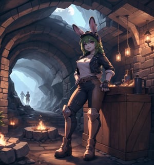 A kemonomimi adventure, fantasy, sci-fi, and anime style masterpiece, rendered in ultra-high resolution with razor-sharp details. | A 25-year-old rabbit woman named Luna is dressed in a bulldozer outfit consisting of a white t-shirt, a brown leather jacket with metal trim, black heavy-duty pants with metal knee pads, and tall brown boots with metal toe caps. . She also wears a mining helmet with a flashlight on the front, brown leather gloves with metal guards, a brown leather belt with a knife sheath around her waist, silver hoop earrings with rabbit-shaped pendants, a leather bracelet brown on her left hand and a silver ring with a green crystal on her right hand. Her green hair is straight and long, with two thin braids at the front. Her red eyes are looking straight at the viewer, with a ((cheerful and captivating smile that shows off her white teeth)) and red painted lips. | The scene takes place inside a mining cave, with rock structures, wooden structures, metal structures, mining machines, train tracks, ore carts and tools scattered around. Luna is standing, with a sensual and relaxed pose, holding a pickaxe with one hand and resting the other hand on her hip. The cave's dim, mysterious lighting creates dramatic shadows and highlights the details of the scene. | Soft, moody lighting effects create a cozy, relaxing atmosphere, while detailed textures on clothing and fabrics add realism to the image. | A charming and joyful scene of a beautiful rabbit woman dressed as an excavator in a mining cave, exploring themes of adventure, fantasy and science fiction. | (((((The image reveals a full-body_shot as she assumes a sensual_pose, engagingly leaning against a structure within the scene in an exciting manner. She takes on a sensual_pose as she interacts, boldly leaning on a structure, leaning back in an exciting way))))). | ((perfect_body)), ((perfect_pose)), ((full-body_shot)), ((perfect_fingers, better_hands, perfect_hands)), ((perfect_legs, perfect_feet)), ((perfect_design)), ((perfect_composition)), ((very detailed scene, very detailed background, perfect_layout, correct_imperfections)), ((More Detail, Enhance))