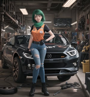 A masterpiece in an adventurous, mechanical, cyberpunk and futuristic style, rendered in 4K ultra-sharp. | The 26-year-old woman named Aiko, a skilled and passionate car mechanic, is in a sensual pose in a car repair workshop. She wears a mechanic's suit consisting of ripped jeans, a black T-shirt with a colorful logo of a racing team, and an orange safety vest. She also wears leather gloves, a pair of safety glasses and a green scarf on her head. Her green hair is in a modern and stylish cut, mohawk and short. Her red eyes are looking at the viewer, smiling showing her white teeth. The scene takes place in a car repair workshop, the place is lit by fluorescent lamps, with metal structures, wooden structures, tools, tires stacked and a race car under maintenance. | The image highlights Aiko's sensual figure and the elements of the car repair workshop. The metal and wooden structures, together with Aiko, the race car and the tools, create an adventurous, mechanical and cyberpunk environment. The artificial lighting of the fluorescent lamps creates dramatic shadows and enhances the details of the scene. | Soft and dark lighting effects create a relaxing and mysterious atmosphere, while rough and detailed textures on the structures and on Aiko's suit add realism to the image. | A sensual and adventurous scene of Aiko, a passionate car mechanic in a car repair workshop, mixing elements of adventure, mechanics, cyberpunk and futurism. | (((((The image reveals a full-body shot as she assumes a sensual pose, engagingly leaning against a structure within the scene in an exciting manner. She takes on a relaxed pose as she interacts, boldly leaning on a structure, leaning back in an exciting way))))). | ((full-body shot)), ((perfect body)), ((perfect pose)), ((perfect fingers, better hands, perfect hands)), ((perfect legs, perfect feet)), ((huge breasts, big natural breasts, sagging breasts)), ((perfect design)), ((perfect composition)), ((very detailed scene, very detailed background, perfect layout, correct imperfections)), More Detail, Enhance)), Sexy Toon
