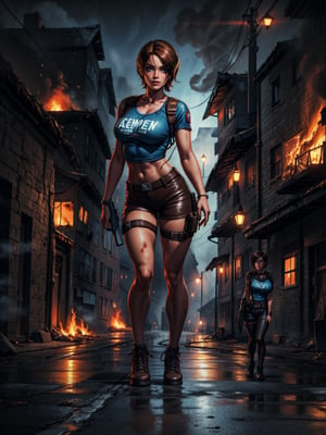 {((1 woman))}, only she is {((wearing short blue t-shirt and extremely tight brown leather shorts, short and tight on the body)), only elá has ((giant breasts)), (((short brown hair very slick, blue eyes)), staring at the viewer, smiling, ((pose with gun, macabre city, night, fog, multiple people/zombies walking in the street, cars destroyed, houses on fire)},  ((full body):1.3), ((Resident Evil)), 16k, best quality, best resolution, best sharpness,