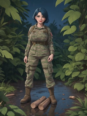 Resolution impeccable in 8K, ultra-detailed. In a style that pays homage to the Metal Gear Solid universe from Konami, created by Hideo Kojima, combining elements of realism and military aesthetics with nuances of anime. | In the dense night jungle, a stunning woman wears the iconic Snake suit from Metal Gear Solid 3. The American military uniform, snug and camouflaged for forests, stands out in detail, with soldier paint on her face. Her gigantic and firm breasts discreetly accentuate the silhouette. Blue hair, short with bangs over the right eye and two strands, adds a touch of unique style. | The figure, looking directly at the viewer, is immersed in the night jungle, filled with concrete military warehouses, trees, and logs. A military vehicle completes the scene, its presence standing out in the landscape. Heavy rain creates mud puddles, adding a dynamic element to the scene. | The composition, in atmospheric perspective, highlights the woman as the focal point, with a wide angle and an f/2.0 aperture to maximize depth. Rain lighting enhances the texture of the jungle, while the details of the suit, the figure, and the military vehicle are evident. | An extraordinary woman, embodying the essence of the Metal Gear Solid universe, facing the night challenges of the jungle with a captivating presence. | She: ((interacting and leaning on anything, very large structure+object, leaning against, sensual pose):1.2), ((Full body image)), perfect hand, fingers, hand, perfect, better_hands, More Detail,
