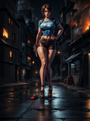 {((1 woman))}, only she is {((wearing short blue t-shirt and extremely tight brown leather shorts, short and tight on the body)), only elá has ((giant breasts)), (((short brown hair very slick, blue eyes)), staring at the viewer, smiling, ((pose with gun, macabre city, night, fog, multiple people+zombies walking in the street, cars destroyed, houses on fire)},  ((full body):1.3), ((Resident Evil)), 16k, best quality, best resolution, best sharpness,