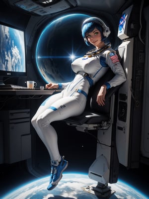A female astronaut, wearing white astronaut suit with blue parts, ((astronaut helmet with transparent rearview mirror, gigantic breasts)), blue hair, messy hair, short hair, flat hair, hair with bangs in front of the eyes, looking at the viewer, (((pose with interaction and leaning on [something|an object]))), on a space station, with several computers,  machines, window showing outer space, ((full body):1.5), 16k, UHD, best possible quality, ultra detailed, best possible resolution, Unreal Engine 5, professional photography, well-detailed fingers, well-detailed hand, perfect_hands, ((NASA astronaut))