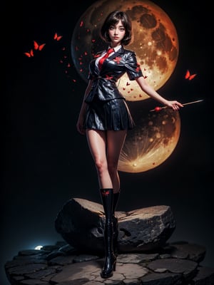 ((full body, standing):1.5), {((1 woman))}, {((wearing school suit with red skewer with tie, short black skirt, white stockings)), ((extremely large breasts)), ((very short black hair, blue eyes)) looking at the viewer, smiling, very happy, ((exhibitionist pose leaning back)), ((in an ancient Japanese ghost town, ghosts shadowing it, ghosts flying, night, just a full moon in the sky))}, (Fatal Frame Crimson Butterfly), 16k, best quality, best resolution, best sharpness, ultra detailed,