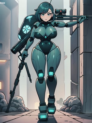 ((Full body):2), (({1/woman – cyborg}):1.6). Only {1/woman – cyborg}:((she has a semi human half machine half human body, is wearing an extremely tight futuristic black suit on her body):1.5). Only {1/woman – cyborg}:((has extremely large breasts):1.5). Only {1/woman – cyborg}:((has very short blue hair, dark green eyes):1.3). Just {1/woman – cyborg}:((striking sexy poses holding a futuristic sniper rifle standing):1.5). In a futuristic city, it is night raining very hard, the city is with ((several robots running):1.5) behind Only {1/woman – cyborg}. anime, anime style, 16k, high resolution, ((best quality, high details:1.5)), UHD, ((masterpiece))