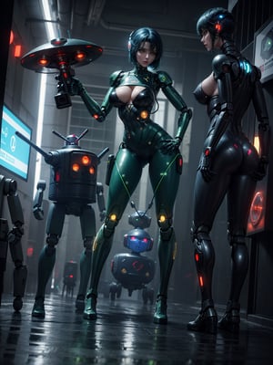 ((Full body):1.5) (({1/woman – cyborg}):1.5). Only {1/woman, cyborg}:((she has a semi human half machine half human body, is wearing a futuristic black suit extremely tight on her body):1.3). Only {1/woman, cyborg}:((has extremely large breasts):1.3). Only {1/woman – cyborg}:((has very short blue hair, dark green eyes):1.3). Only {1/woman – cyborg}:((stunning sensual poses holding a futuristic sniper rifle standing):1.3). In a futuristic city, it's raining a lot at night, the city is with ((several robots running):1.5) behind Only {1/cyborg woman}. anime, anime style, 16k, high resolution, ((best quality, high detail: 1.3)), UHD, ((masterpiece))