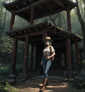 An adventure, archaeology, mystery, supernatural and anime masterpiece, rendered in crystal-clear 4K. A 30-year-old woman called Aiko, a brave and adventurous archaeologist, stands in a sensual and mysterious pose in an ancient temple in the middle of a forest. She is wearing an archaeologist's outfit consisting of a beige short-sleeved shirt, sturdy jeans and brown high boots. She also wears a brown backpack on her left shoulder, a beige wide-brimmed hat to protect her from the sun, a leather glove on her right hand and a flashlight around her waist. His green hair is cut in a modern and stylish short mohawk. His red eyes are looking at the viewer, smiling with white teeth, but with an air of mystery and danger. The scene takes place in an ancient temple in the middle of a forest, the place is mysterious and full of rock structures, wooden structures, carved rock structures and ancient ruins. The image highlights Aiko's sensual figure and the mysterious and supernatural elements of the ancient temple. The rock and wooden structures, together with Aiko, the ancient ruins and the sculptures, create an atmosphere of adventure, archaeology and mystery. The natural lighting of the forest and the shadows created by the structures enhance the details of the scene and create an even more mysterious atmosphere. Soft, shadowy lighting effects create a tense, mystery-laden atmosphere, while rough, detailed textures on the structures and Aiko's costume add realism to the image. | A sensual and mysterious scene of Aiko, a brave archaeologist in an ancient temple in the middle of a forest, mixing elements of adventure, archaeology, mystery and the supernatural in anime style. | (((((The image reveals a full-body shot as she assumes a sensual pose, engagingly leaning against a structure within the scene in an exciting manner. She takes on a relaxed pose as she interacts, boldly leaning on a structure, leaning back in an exciting way.))))). | ((perfect pose)), ((perfect fingers, better hands, perfect hands)), ((perfect legs, perfect feet)), ((perfect design)), ((perfect composition)), ((very detailed scene, very detailed background, perfect layout, correct imperfections)), More Detail, Enhance