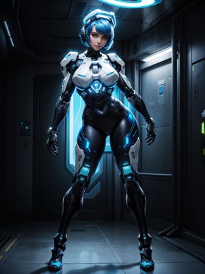 A woman, wearing black mecha suit with blue metal parts + blue robotic armor, suit with light coupling, extremely tight and tight suit, (luminous helmet, cybernetic on the head), monstrously giant breasts, blue hair, short hair, hair with bangs in front of the eyes, looking at the viewer, (((erotic pose interacting and leaning [on a structure | on something | on an object]))), in a spaceship with many computers, machines, windows, robots, luminous pipes, ((full body):1.5), 16k, UHD, best possible quality, ultra detailed, best possible resolution, Unreal Engine 5, professional photography, well-detailed fingers, well-detailed hand, perfect_hands, ((halo infinite))