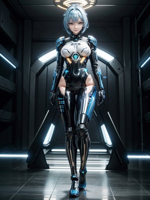 A woman, wearing black mecha suit with blue metal parts + blue robotic armor, suit with light coupling, extremely tight and tight suit, (luminous helmet, cybernetic on the head), monstrously giant breasts, blue hair, short hair, hair with bangs in front of the eyes, looking at the viewer, (((erotic pose interacting and leaning [on a structure|on something|on an object]))), in a spaceship with many computers, machines, windows, robots, luminous pipes, ((full body):1.5), 16k, UHD, best possible quality, ultra detailed, best possible resolution, Unreal Engine 5, professional photography, well-detailed fingers, well-detailed hand, perfect_hands, ((halo infinite))