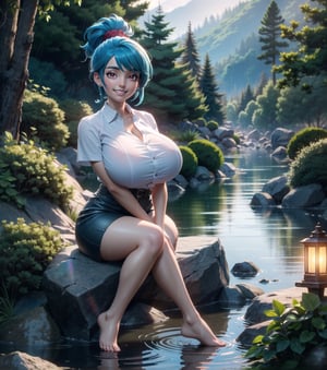 ((Masterpiece in 8K resolution, realistic style with anime touches, effect of light reflected on wet surfaces.)) | A beautiful 33-year-old woman with huge breasts wears a tight white T-shirt and a red accordion skirt, revealing her bare feet and black climbing gloves. Her her ((short blue hair is arranged in a mohawk)), and her ((red eyes)) shine brightly as ((smiles at the viewer, showing her teeth)). She bravely holds onto damp rocks, climbing a steep mountain during a night of torrential rain. | The scene features towering rock structures and a panoramic view of a forest in the distance. The lighting is composed of cold, shadowy lights, highlighting the contrast between wet surfaces and dry elements. | Composition at an inclined angle, emphasizing the climbing prowess and the beauty of the natural scenery. | Volumetric lighting effects and reflections in rainwater, creating a unique and immersive atmosphere. | A brave woman climbs a steep mountain during a rainy night, smiling at the viewer with confidence. | (((She takes a sensual-pose as she interacts, boldly leaning on a structure, leaning back in an exciting way.))), (((((full-body portrait))))), ((perfect_pose, perfect_anatomy, perfect_body)), ((perfect_fingers, perfect_hands, better_hands)), ((perfect_composition, perfect_design, perfect_layout, perfect_detail), (ultra_detailed, More Detail, Enhance)), 