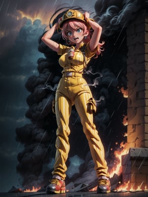 ((Full body):1.5) ((1woman):1.2): only she is wearing ((yellow firefighter suit with white stripes, extremely tight on her body, firefighter helmet on her head):1.2), only she has extremely breasts big, only she has short pink hair and blue eyes, only she is doing sexual poses, she is in front of a fire truck that is in front of a burning building, this ((raining hard):1.2), is standing night, strong smoke. 16k, high quality, high details, UHD, masterpiece,perfecteyes,veryangry