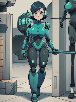 ((Full body):2), (({1/woman – cyborg}):2). Only {1/woman, cyborg}:((she has a semi human half machine half human body, is wearing an extremely tight futuristic black suit on her body):1.5). Only {1/woman, cyborg}:((has extremely large breasts):1.5). Only {1/woman – cyborg}:((has very short blue hair, dark green eyes):1.5). Just {1/woman – cyborg}:((striking sexy poses holding a futuristic sniper rifle standing):1.5). In a futuristic city, it is night raining very hard, the city is with ((several robots running):1.8) behind Only {1/cyborg woman}. anime, anime style, 16k, high resolution, ((best quality, high details:2)), UHD, ((masterpiece)), cartoon, real, Fantexi