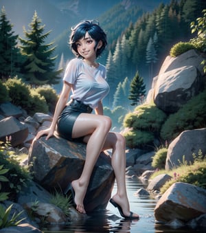 ((Masterpiece in 8K resolution, realistic style with anime touches, effect of light reflected on wet surfaces.)) | A beautiful 33-year-old woman with huge breasts wears a tight white T-shirt and a red accordion skirt, revealing her bare feet and black climbing gloves. Her her ((short blue hair is arranged in a mohawk)), and her ((red eyes)) shine brightly as ((smiles at the viewer, showing her teeth)). She bravely holds onto damp rocks, climbing a steep mountain during a night of torrential rain. | The scene features towering rock structures and a panoramic view of a forest in the distance. The lighting is composed of cold, shadowy lights, highlighting the contrast between wet surfaces and dry elements. | Composition at an inclined angle, emphasizing the climbing prowess and the beauty of the natural scenery. | Volumetric lighting effects and reflections in rainwater, creating a unique and immersive atmosphere. | A brave woman climbs a steep mountain during a rainy night, smiling at the viewer with confidence. | (((She takes a sensual-pose as she interacts, boldly leaning on a structure, leaning back in an exciting way.))), (((((full-body portrait))))), ((perfect_pose, perfect_anatomy, perfect_body)), ((perfect_fingers, perfect_hands, better_hands)), ((perfect_composition, perfect_design, perfect_layout, perfect_detail), (ultra_detailed, More Detail, Enhance)), 