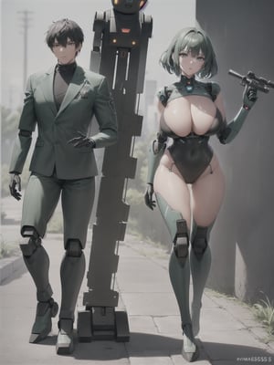 ((Full body):2) (({1/woman – cyborg}):1.5). Only {1/woman, cyborg}:((she has a semi human half machine half human body, is wearing a futuristic black suit extremely tight on her body):1.3). Only {1/woman, cyborg}:((has extremely large breasts):1.3). Only {1/woman – cyborg}:((has very short blue hair, dark green eyes):1.3). Only {1/woman – cyborg}:((stunning sensual poses holding a futuristic sniper rifle standing):1.3). In a futuristic city, it's raining a lot at night, the city is with ((several robots running):1.5) behind Only {1/cyborg woman}. ((Unreal Engine 5):1.3), anime, anime style, 16k, high resolution, ((best quality, high detail: 1.3)), UHD, ((masterpiece))
