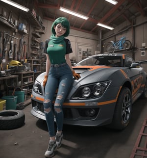 A masterpiece in an adventurous, mechanical, cyberpunk and futuristic style, rendered in 4K ultra-sharp. | The 26-year-old woman named Aiko, a skilled and passionate car mechanic, is in a sensual pose in a car repair workshop. She wears a mechanic's suit consisting of ripped jeans, a black T-shirt with a colorful logo of a racing team, and an orange safety vest. She also wears leather gloves, a pair of safety glasses and a green scarf on her head. Her green hair is in a modern and stylish cut, mohawk and short. Her red eyes are looking at the viewer, smiling showing her white teeth. The scene takes place in a car repair workshop, the place is lit by fluorescent lamps, with metal structures, wooden structures, tools, tires stacked and a race car under maintenance. | The image highlights Aiko's sensual figure and the elements of the car repair workshop. The metal and wooden structures, together with Aiko, the race car and the tools, create an adventurous, mechanical and cyberpunk environment. The artificial lighting of the fluorescent lamps creates dramatic shadows and enhances the details of the scene. | Soft and dark lighting effects create a relaxing and mysterious atmosphere, while rough and detailed textures on the structures and on Aiko's suit add realism to the image. | A sensual and adventurous scene of Aiko, a passionate car mechanic in a car repair workshop, mixing elements of adventure, mechanics, cyberpunk and futurism. | ((sensual pose, relaxed pose):1.2), (((((The image reveals a full-body shot as she assumes a sensual pose, engagingly leaning against a structure within the scene in an exciting manner. She takes on a relaxed pose as she interacts, boldly leaning on a structure, leaning back in an exciting way))))). | ((full-body shot)), ((perfect body)), ((perfect pose)), ((perfect fingers, better hands, perfect hands)), ((perfect legs, perfect feet)), ((huge breasts, big natural breasts, sagging breasts)), ((perfect design)), ((perfect composition)), ((very detailed scene, very detailed background, perfect layout, correct imperfections)), More Detail, Enhance)), Sexy Toon,Enhance