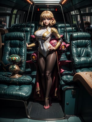 {Princess Zelda}, only she is {((wearing white alien costume with extremely tight and tight black parts on the body)), just elá has ((giant breasts)), (((very slick green short hair, blue eyes)), ((staring at the viewer, smiling)), ((pose, on a bus with multiple people and aliens with different ethnicities, moving bus, it's daytime, light hitting hard)},  ((full body):1.5), ((Super Metroid)), 16k, best quality, best resolution, best sharpness,