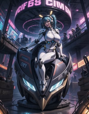 Masterpiece in 8K resolution, featuring an ultra-technological and cyberpunk mecha style, offering a unique visual experience. | A stunning 20-year-old woman wears a completely white mecha musume suit, with touches of blue and bright golden neon stripes, highlighting her curves in an engaging manner. The cybernetic helmet, merged with a large headset adorned with neon lights, accentuates her mischievous gaze as she smiles intensely, fixing her eyes directly on the viewer. Her short blue hair is adorned with two pigtails held by silver ornaments. The camera, positioned close to the character, reveals her entire body as she adopts a sensual pose, interacting and boldly leaning on an imposing structure. Leaning back audaciously, she creates a captivating atmosphere. | The scene unfolds in an alien aircraft filled with advanced machinery, large technological structures, and massive computers with energy pipes, pipelines, and power cables permeating the environment. In the background, a gigantic alien uses an imposing robotic armor. The ultra-technological, cyberpunk mecha style imparts a futuristic and engaging aesthetic to the scene. | She is adopting a ((sensual pose as interacts, boldly leaning on a large structure, leaning back in a dynamic way):1.3), ((full body)), perfect hand, fingers, hand, perfect, better_hands, Big, More Detail.