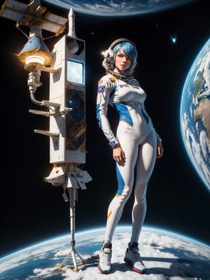 A female astronaut, wearing white astronaut suit with blue parts, ((astronaut helmet with transparent rearview mirror, gigantic breasts)), blue hair, messy hair, short hair, flat hair, hair with bangs in front of the eyes, looking at the viewer, (((pose with interaction and leaning on [something|an object]))), on a space station, with several computers,  machines, window, ((full body):1.5), 16k, UHD, best possible quality, ultra detailed, best possible resolution, Unreal Engine 5, professional photography, well-detailed fingers, well-detailed hand, perfect_hands, ((NASA astronaut))